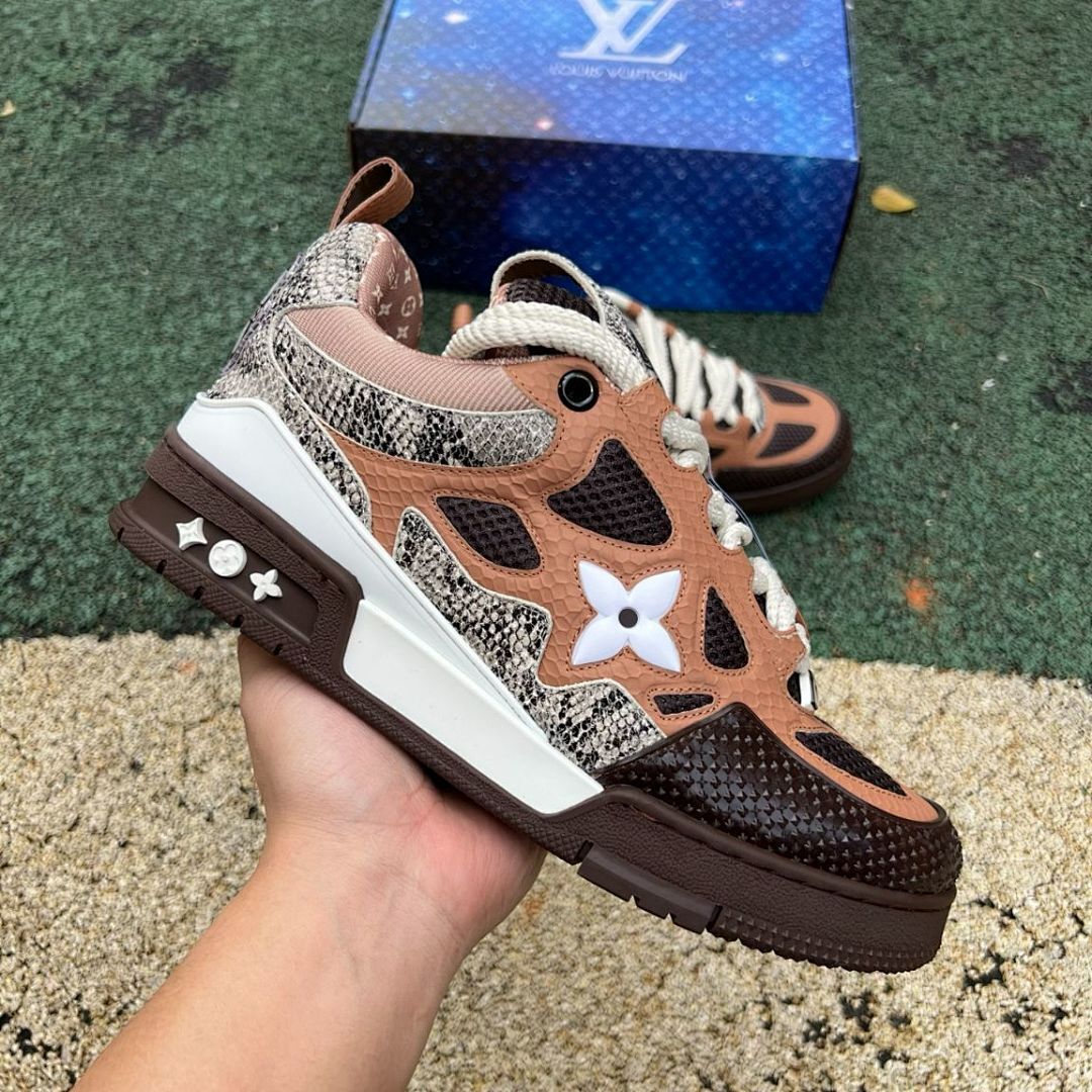 Louis Vuitton LV Trainer Sneaker Men's Brown Python-Effect Leather & Mesh Low Top Luxury Shoes