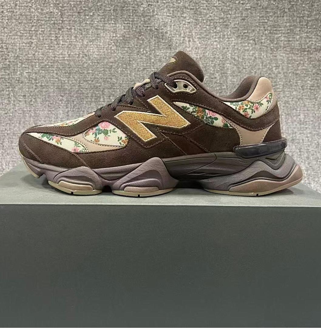 New Balance 9060 Brown Floral Print Gold N Logo Lifestyle Chunky Sneakers