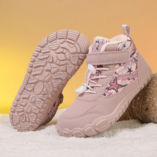 Blotcha Kids Waterproof Barefoot Snow Boots Wide Toe Warm Fur Lined Winter Sneakers Pink Stars