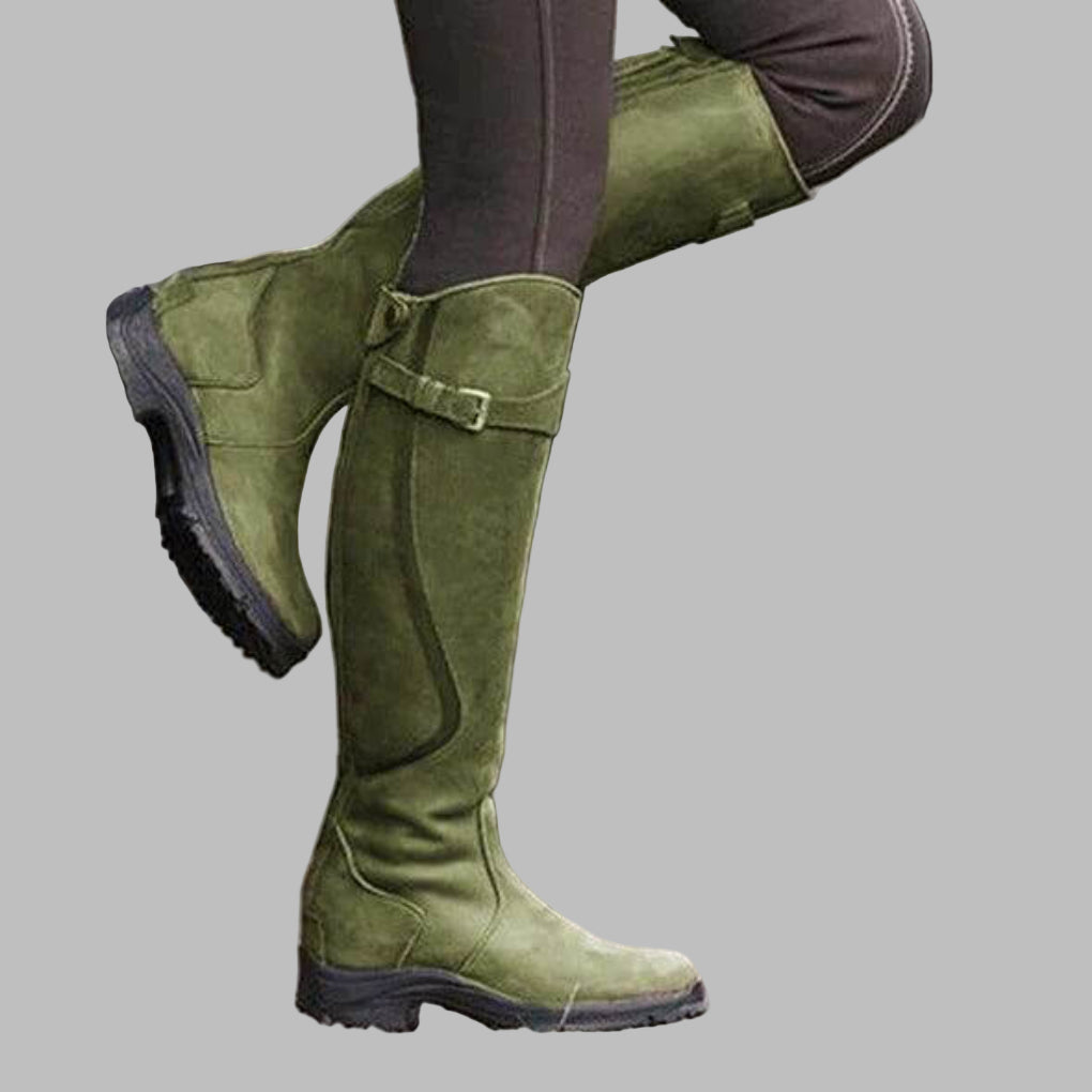 Blotcha Women's Brown Leather Tall Riding Boots with Rugged Sole