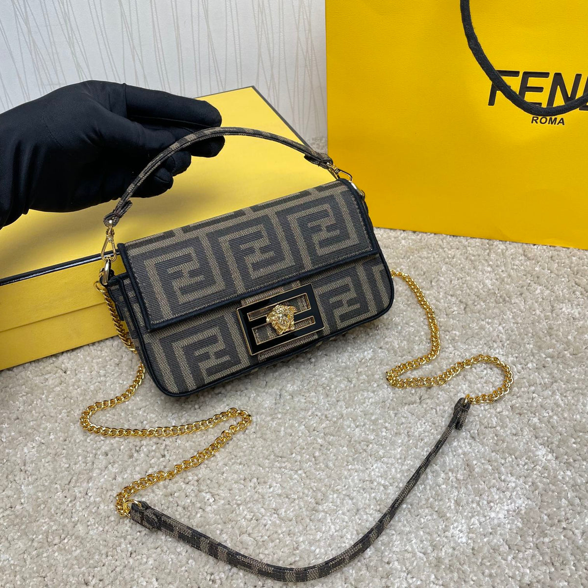 Fendace Baguette Shoulder Bag - Brown FF Monogram & Medusa Gold Hardware