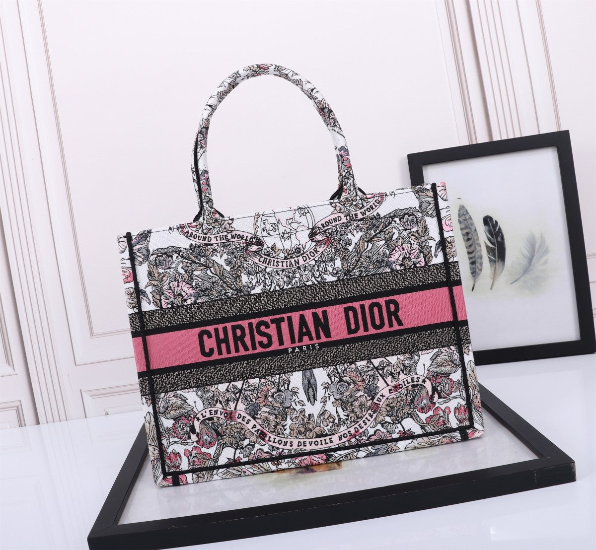 Christian Dior Book Tote Pink Patterned Canvas Embroidered Handbag
