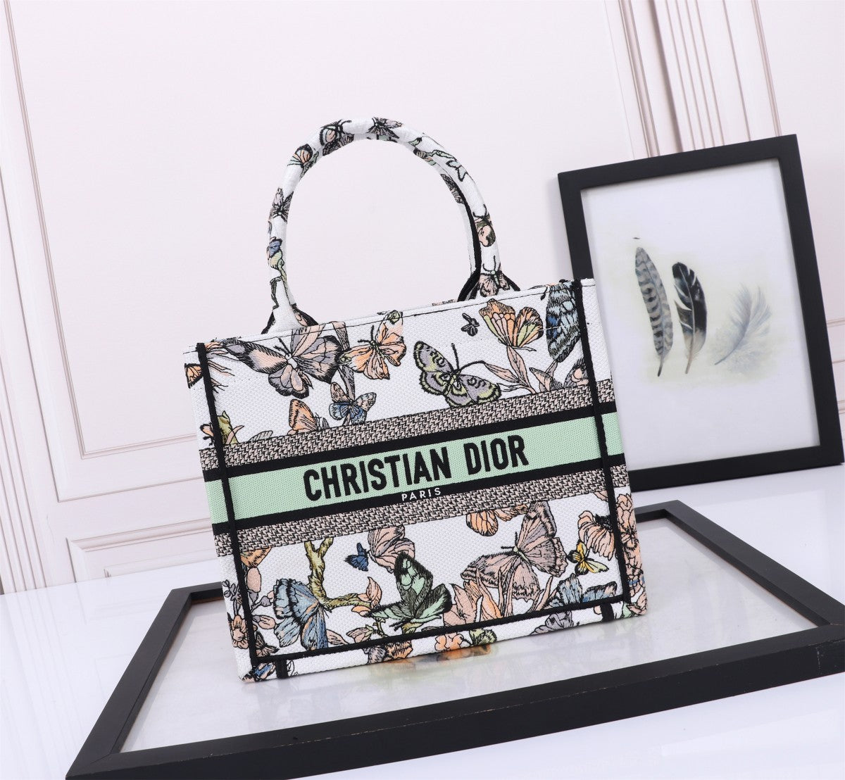Christian Dior Medium Book Tote Bag with Butterfly Embroidery - White/Multi