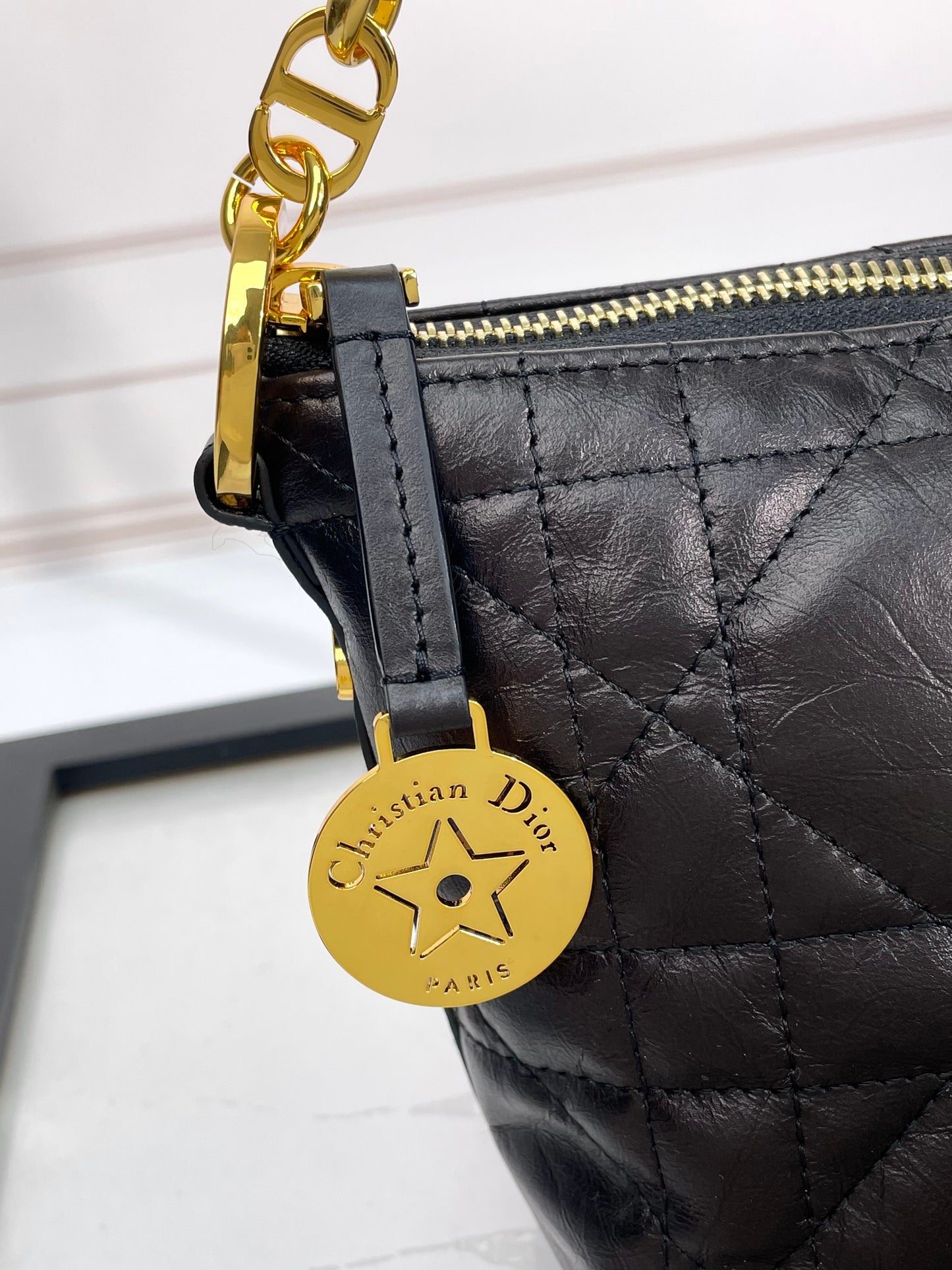 Dior Elegant Black Quilted Leather Shoulder Bag with Gold Chain