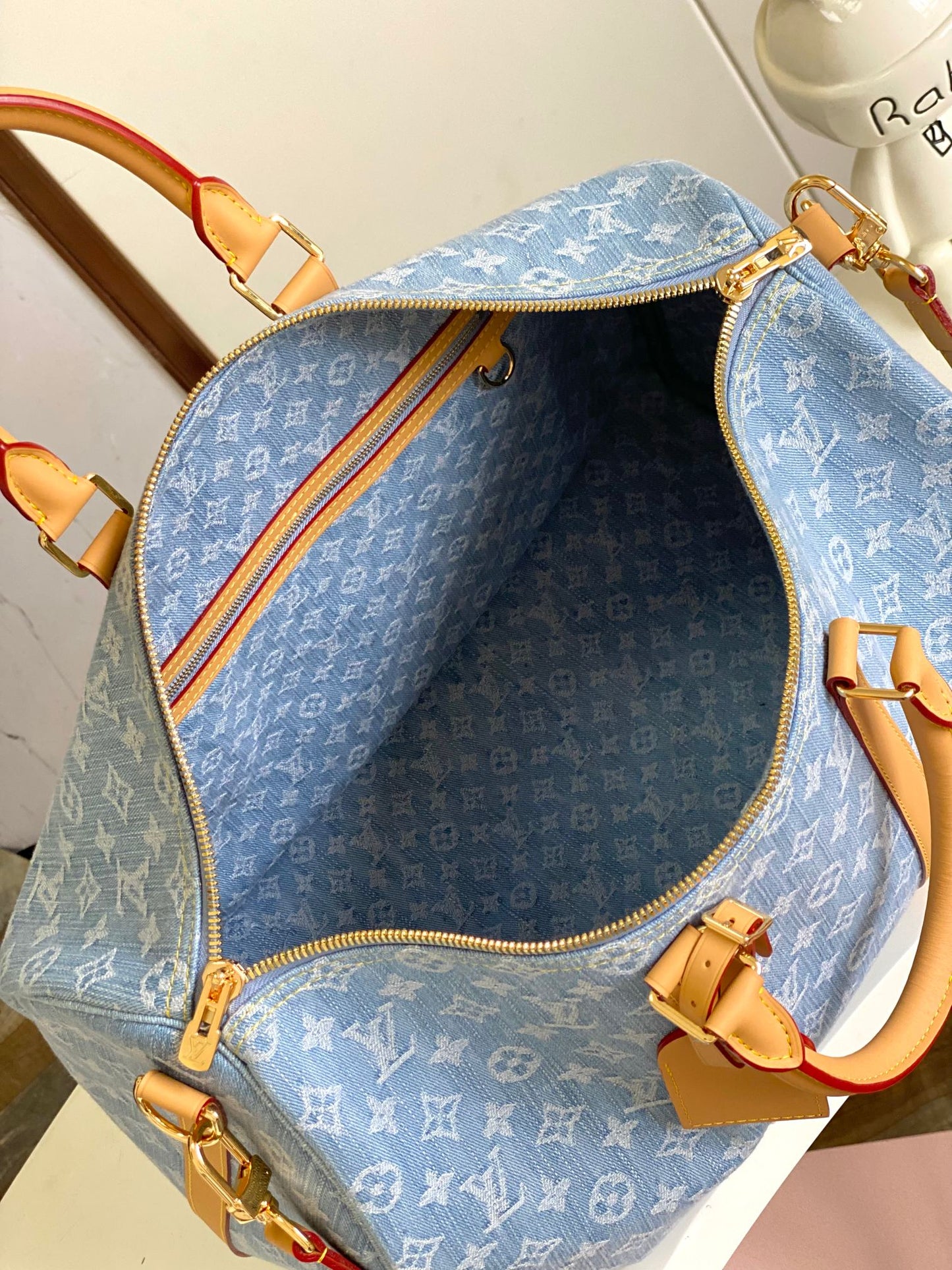 Louis Vuitton Light Blue Monogram Travel Duffle Bag with Tan Leather Trim