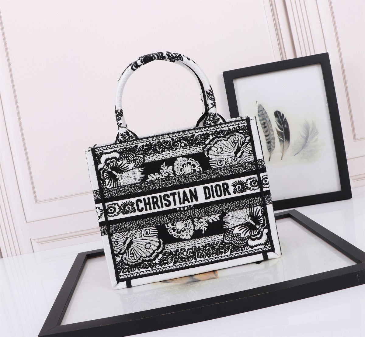 Christian Dior Black and White Embroidered Book Tote Bag