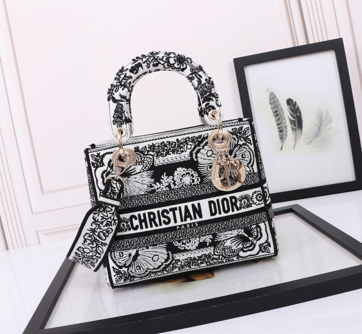 Christian Dior Lady D-Lite Black and White Embroidered Handbag
