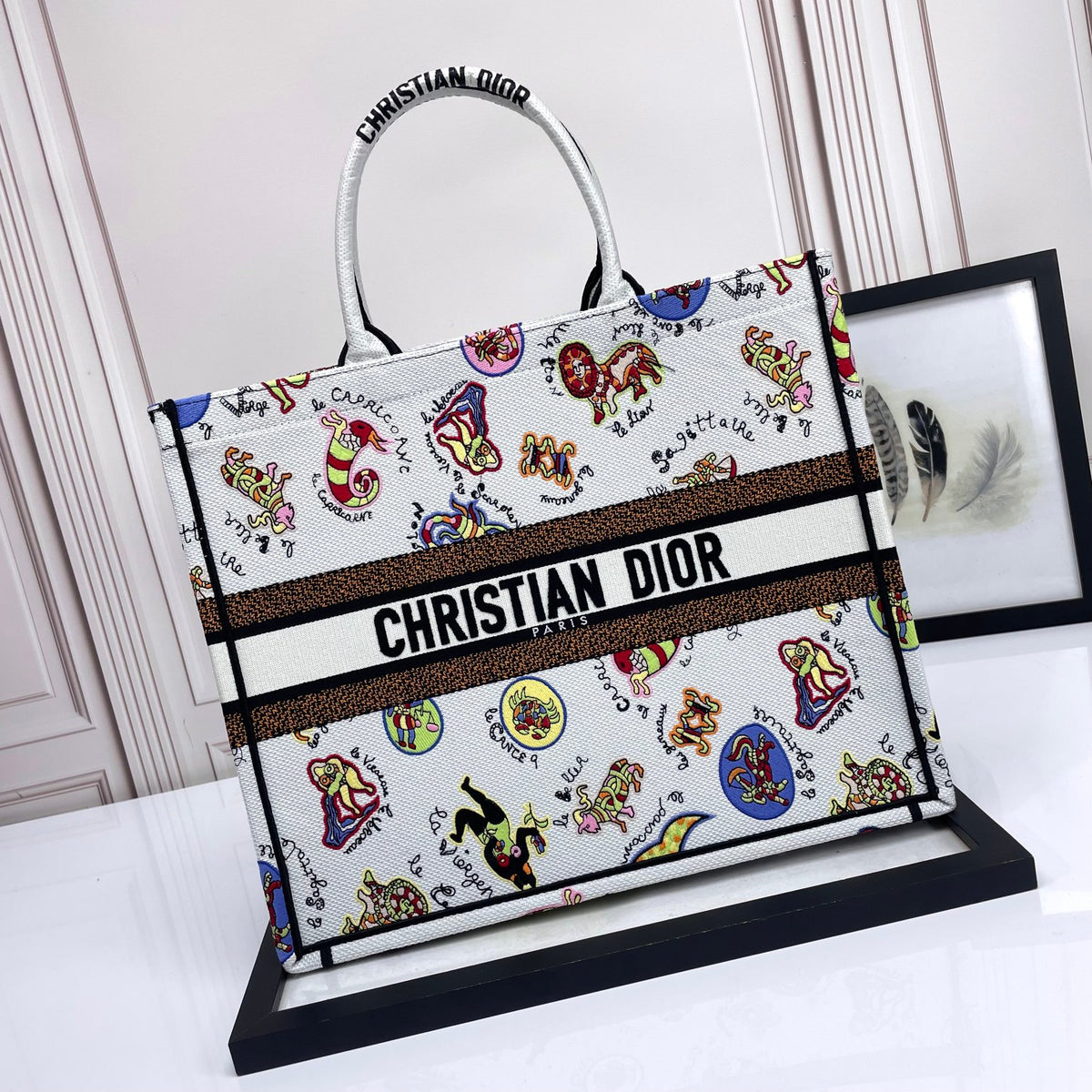 Christian Dior Medium Book Tote Zodiac Embroidery Canvas Bag