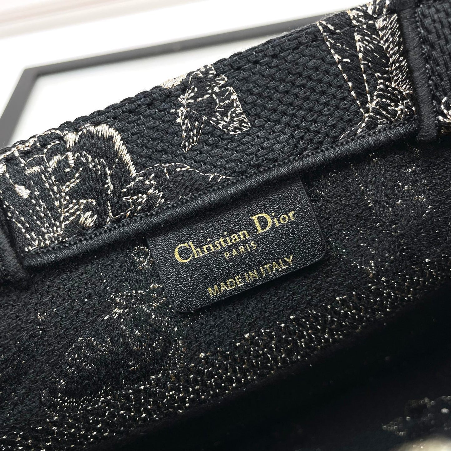 Christian Dior Book Tote Butterfly Around Embroidery Black and White Handbag