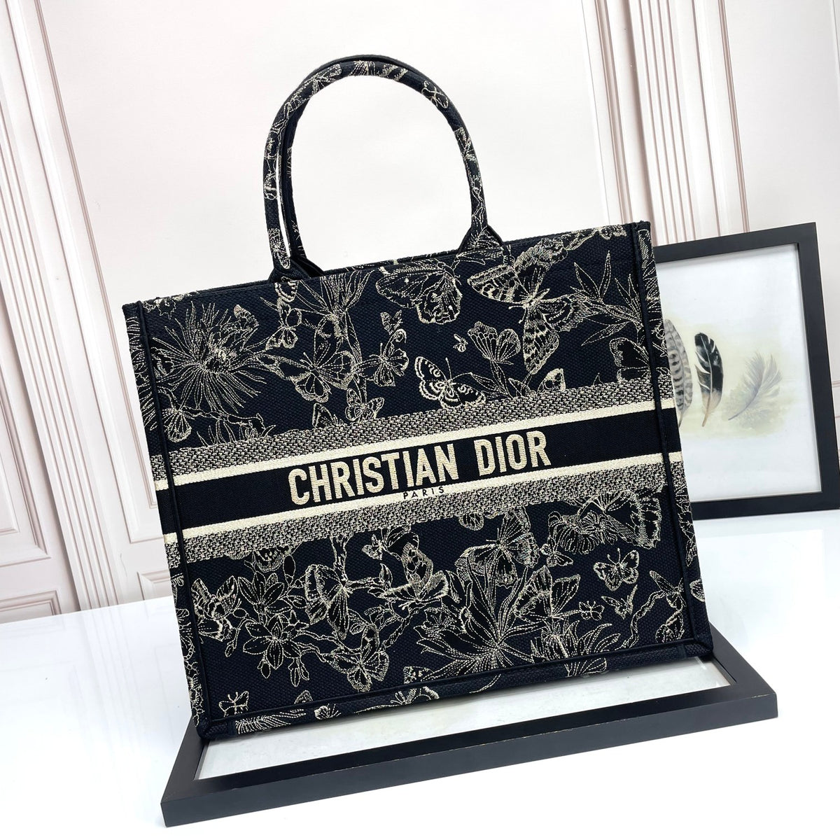 Christian Dior Book Tote Black with Gold Butterfly Embroidery Canvas Handbag