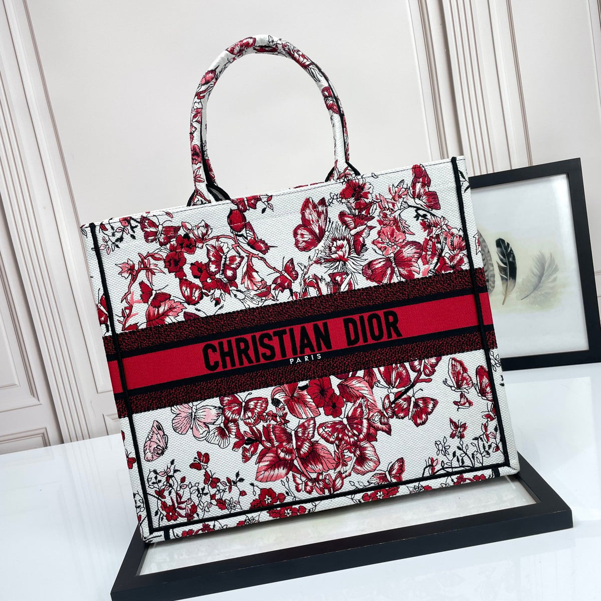 Christian Dior Small Book Tote - Red and White Butterfly Floral Canvas Handbag