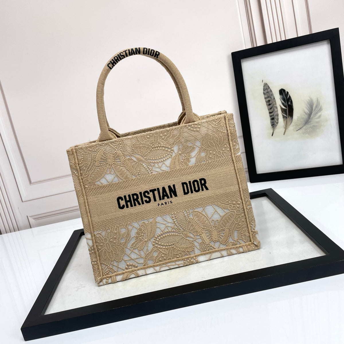 Christian Dior Small Book Tote Bag in Beige Lace Embroidery