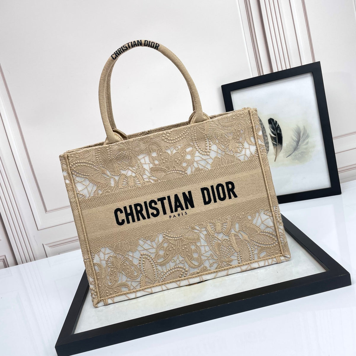 Christian Dior Medium Book Tote Beige Embroidered Canvas Tote Bag