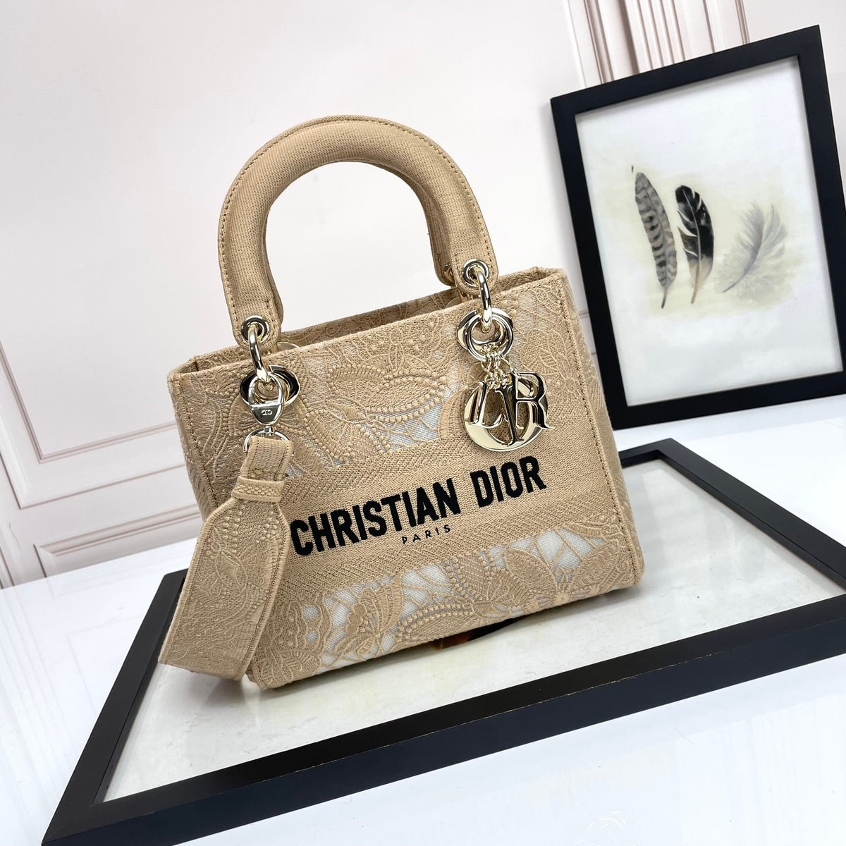 Christian Dior Lady D-Lite Handbag Beige Embroidered Canvas