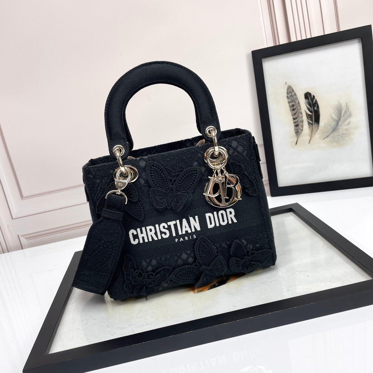 Christian Dior Lady Lite Black Floral Embroidered Handbag