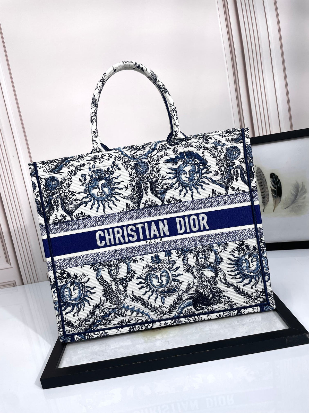 Christian Dior Large Book Tote Blue and White Celestial Zodiac Embroidered Canvas Handbag