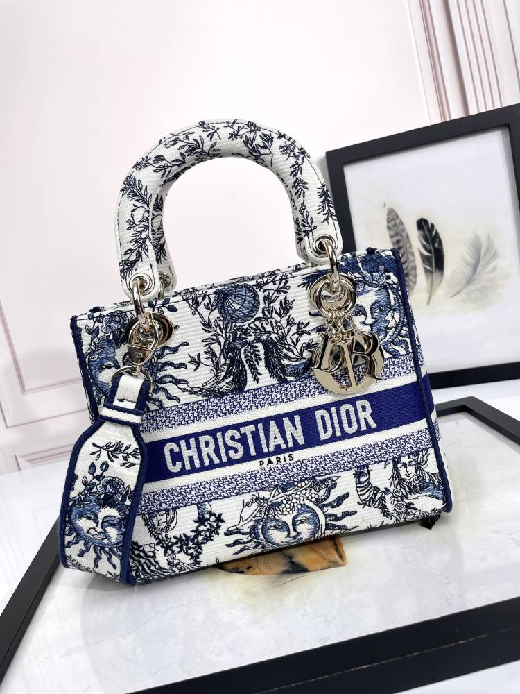 Christian Dior Medium Lady D-Lite Bag - Blue & White Toile de Jouy Zodiac Embroidery