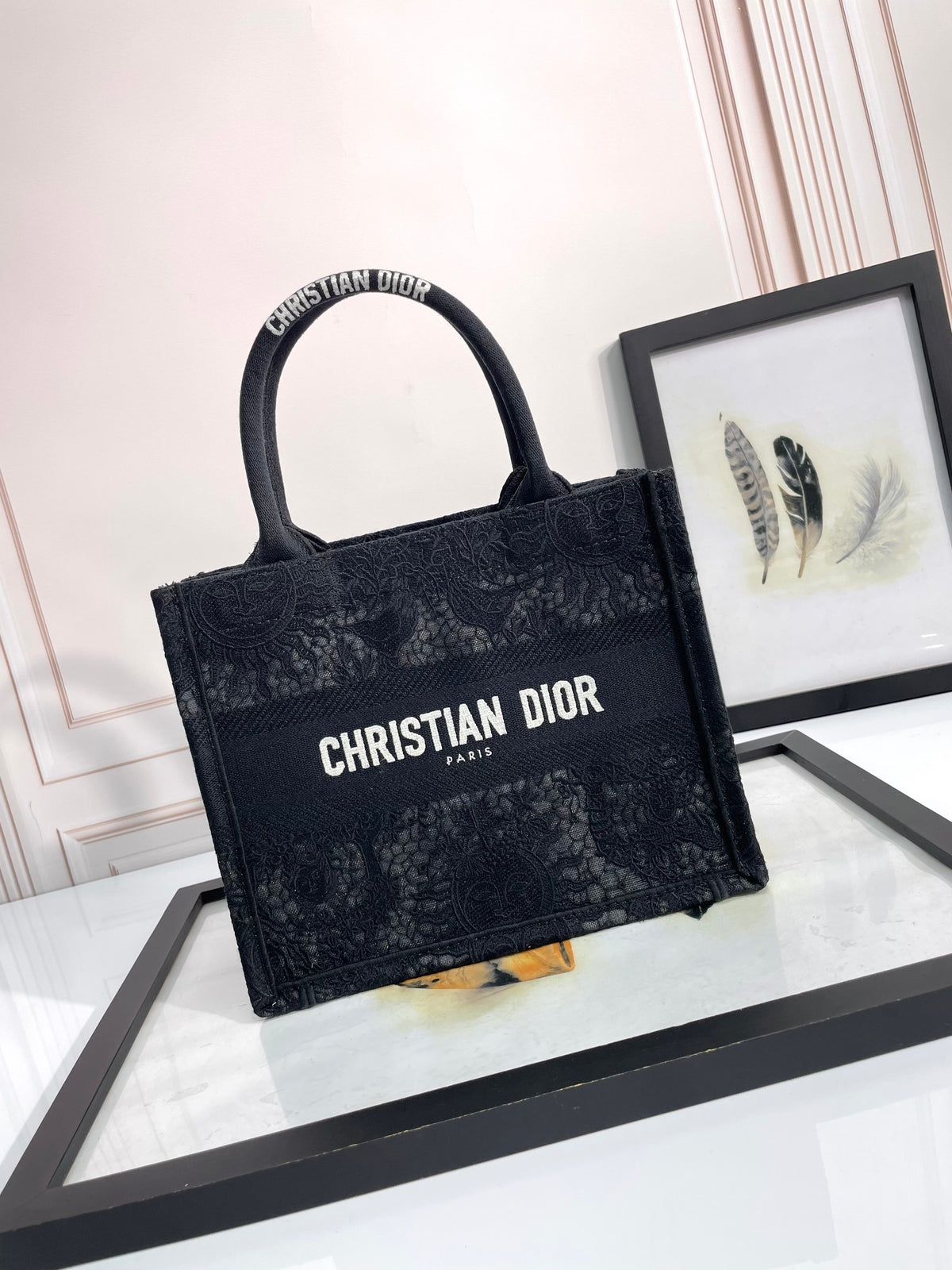 Christian Dior Small Book Tote Bag in Black Embroidered Canvas