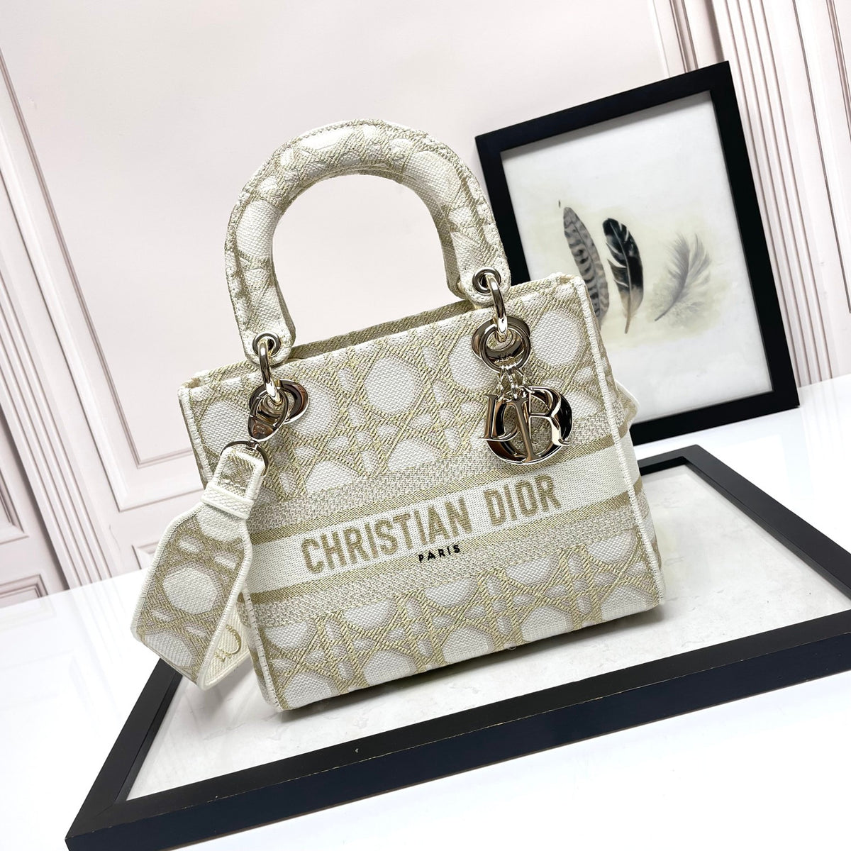 Christian Dior Lady D-Lite Medium Bag - Beige and White Cannage Embroidery