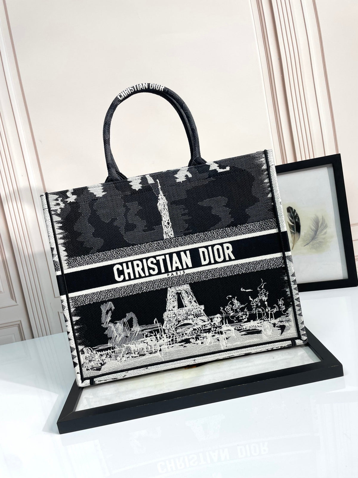 Christian Dior Book Tote Black and White Eiffel Tower Print Canvas Bag