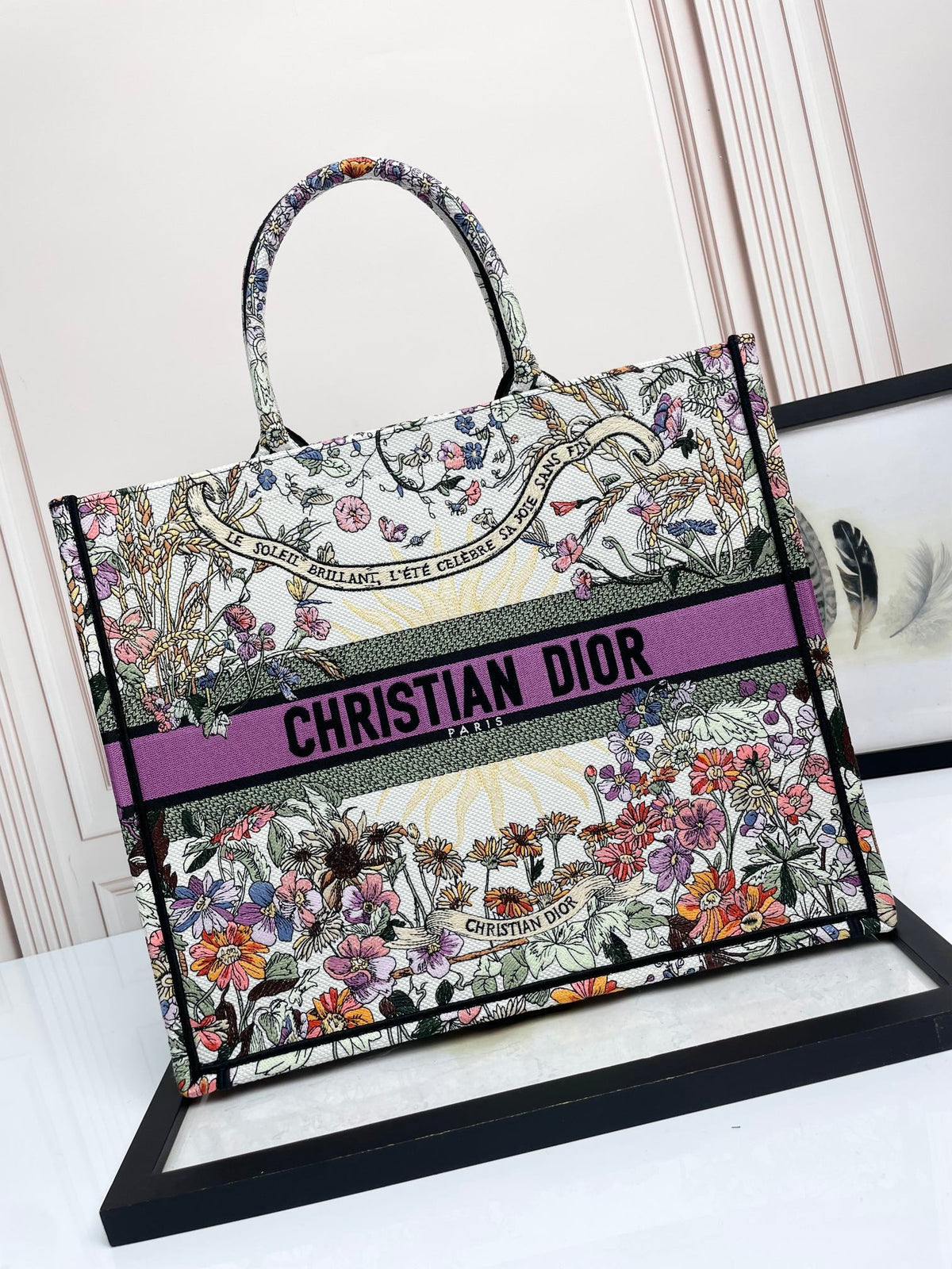 Christian Dior Medium Book Tote - Floral Embroidered Canvas Bag - Purple/Multicolor