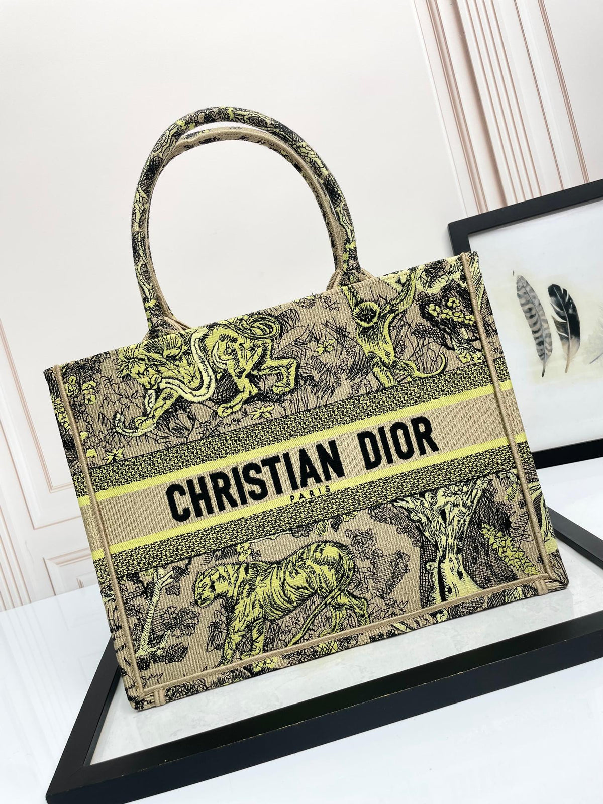 Christian Dior Large Book Tote Bag - Green Toile de Jouy Tiger Embroidery