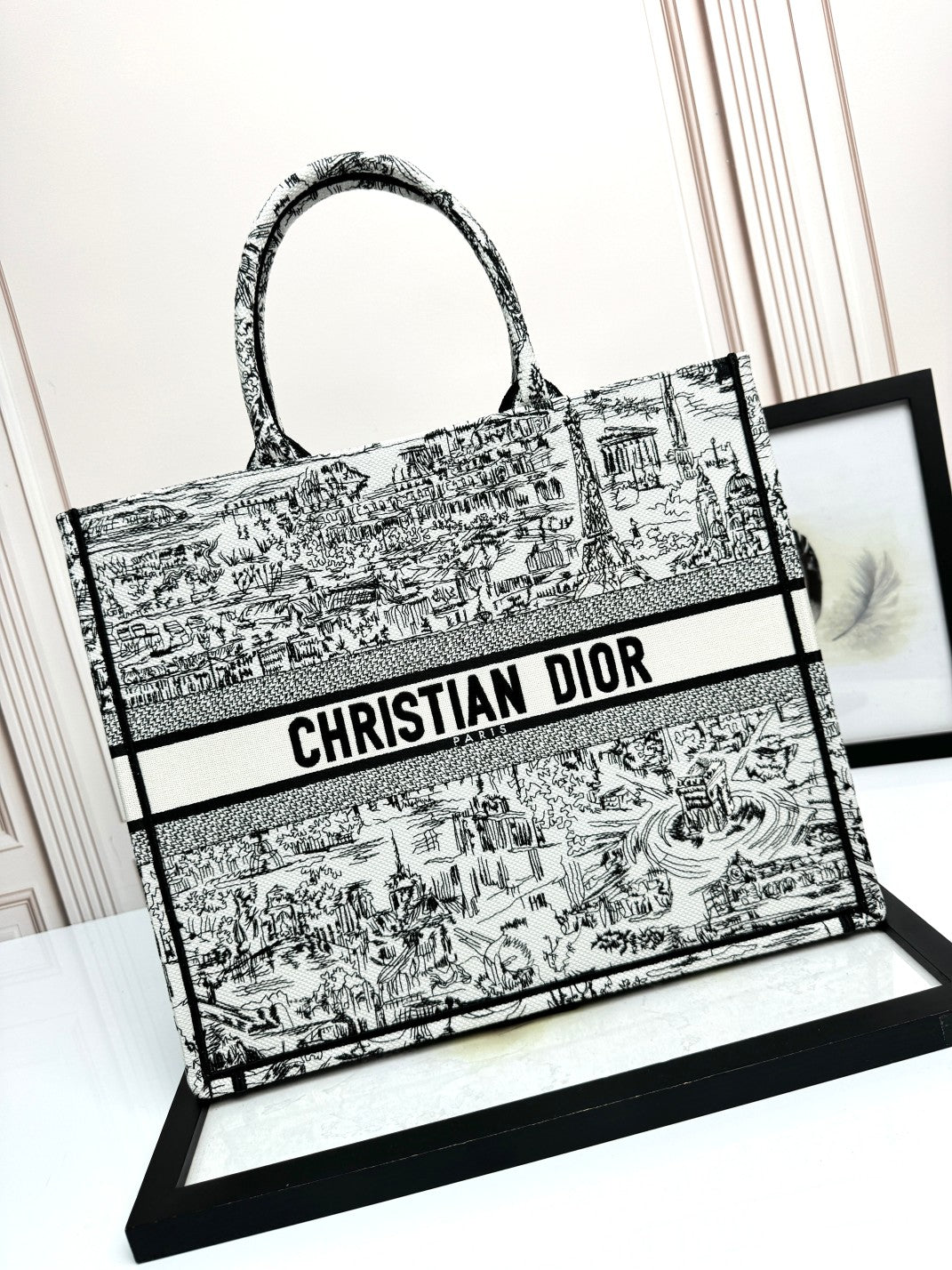 Christian Dior Large Book Tote Bag - Black and White Toile de Jouy Embroidery