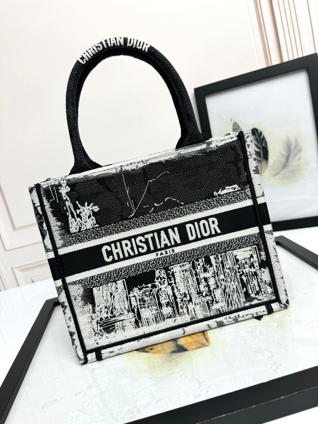 Christian Dior Small Book Tote Bag - Black and White Embroidered Canvas