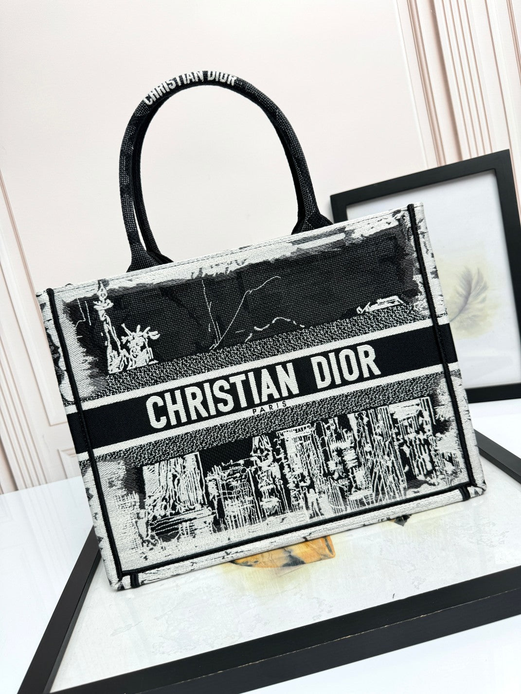 Christian Dior Book Tote Bag - Black and White Embroidered Canvas