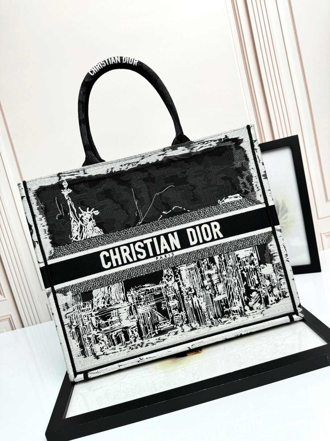 Christian Dior Book Tote - Black and White City Skyline Canvas Bag