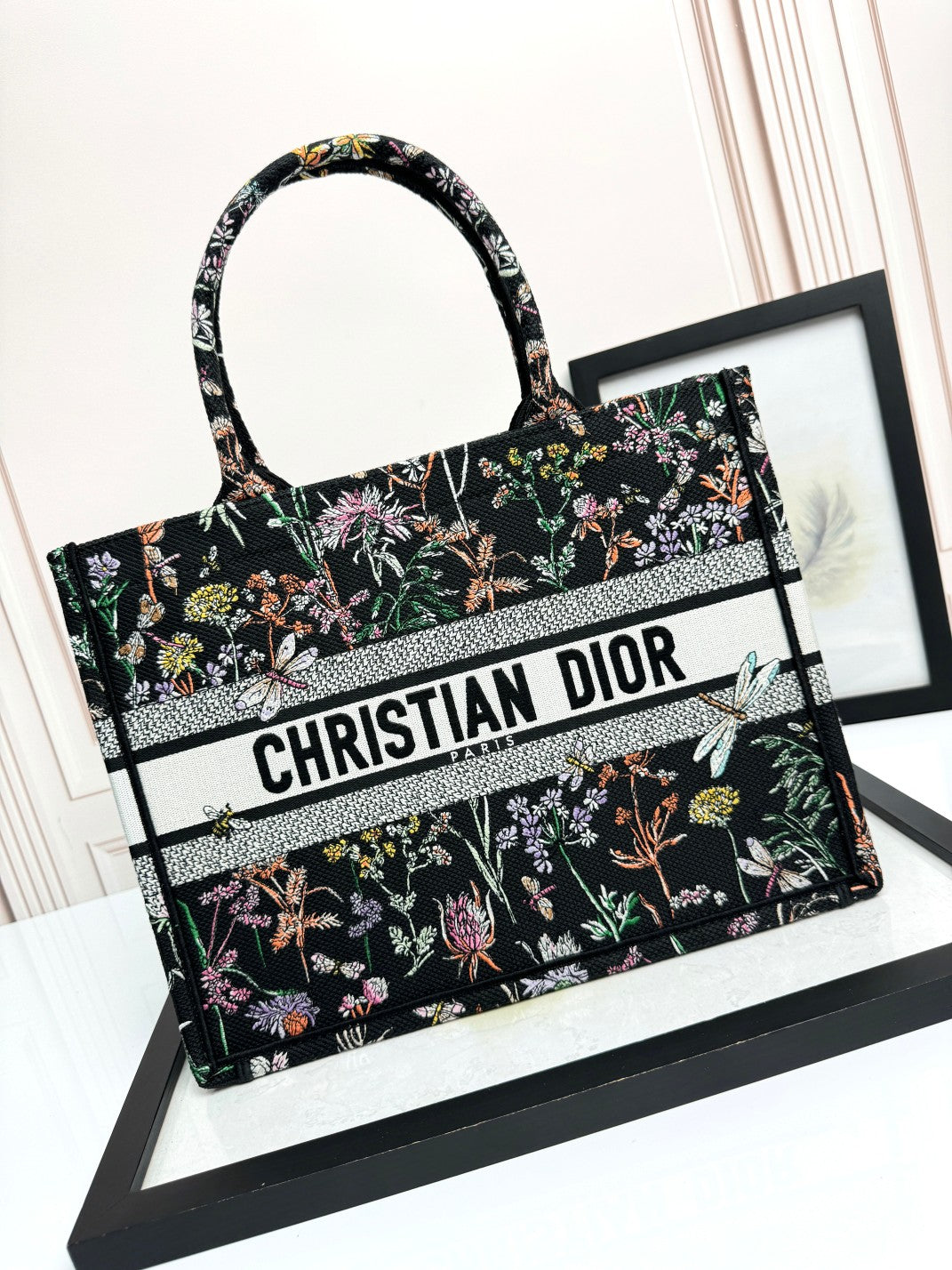 Christian Dior Large Book Tote Black Herbarium Floral Canvas Handbag