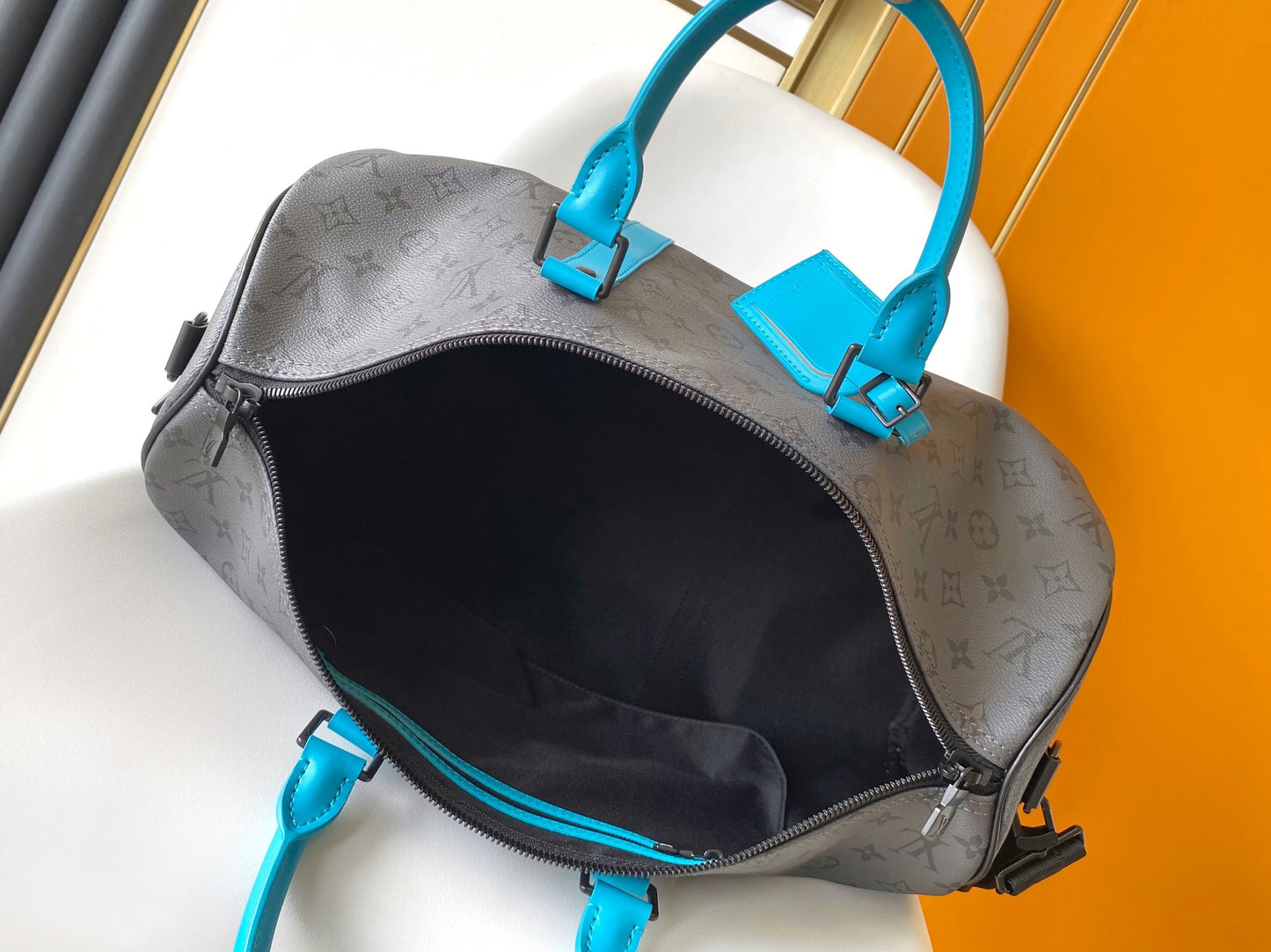 Louis Vuitton Charcoal Grey Monogram Duffle Bag with Turquoise Leather Accents