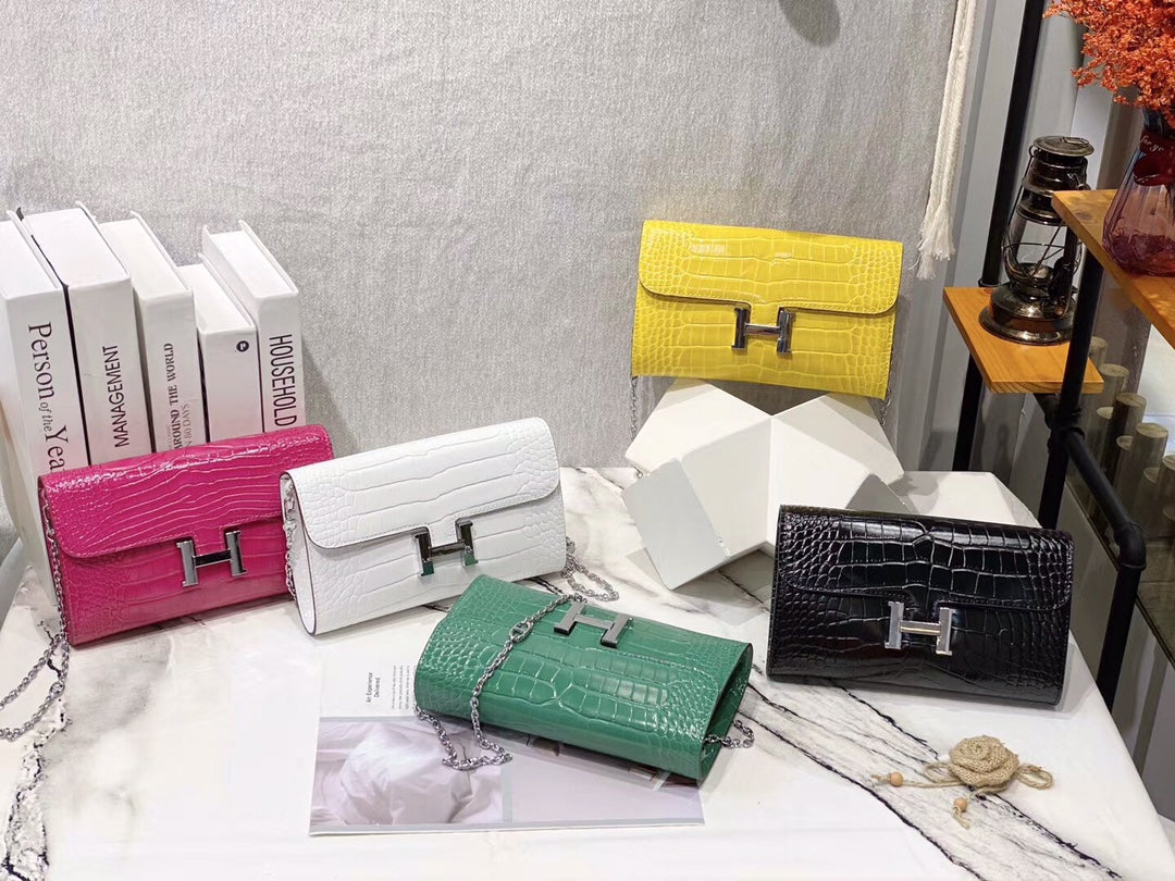 Yellow Crocodile Embossed Leather Shoulder Bag with Silver H Clasp and Chain Strap