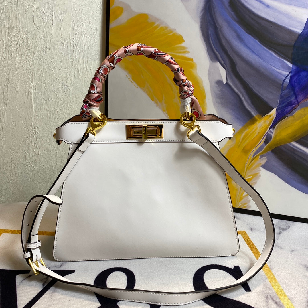 Elegant White Leather Top Handle Handbag with Scarf-Wrapped Handle and Crossbody Strap