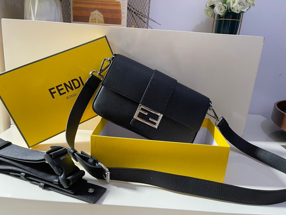 Fendi Black Leather Baguette Shoulder Bag with Silver FF Logo