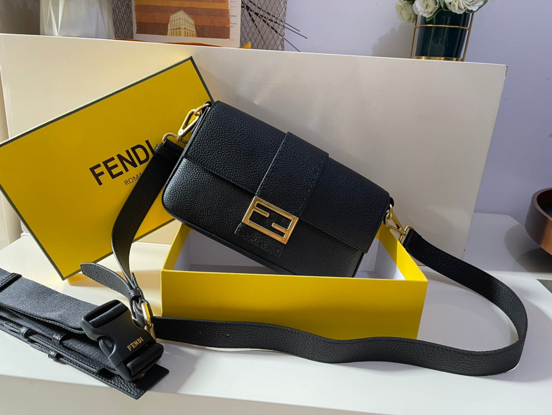 Fendi Black Leather Baguette Bag with Gold FF Hardware