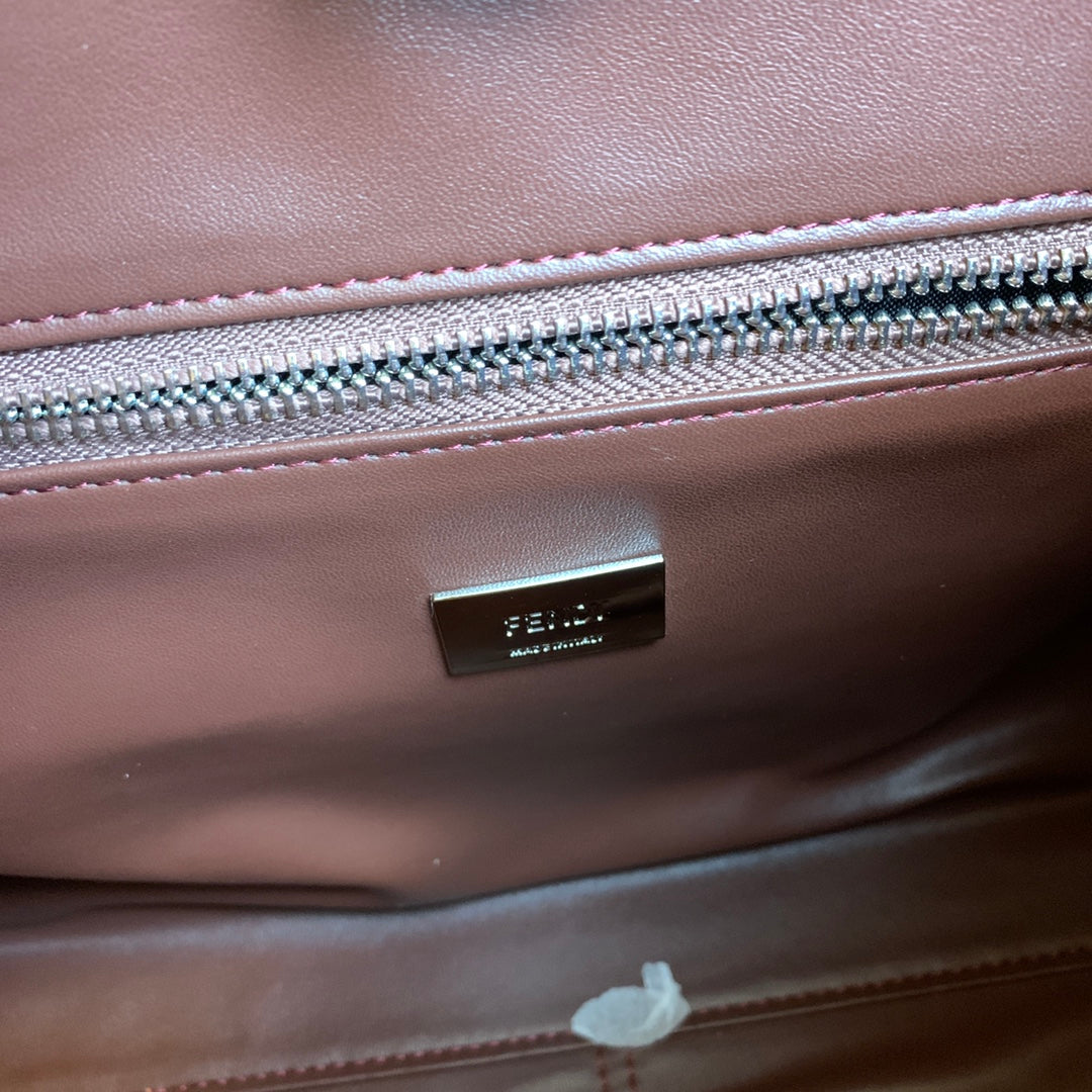 Fendi Peekaboo Brown Leather Handbag with Scarf-Wrapped Handle and Logo Strap