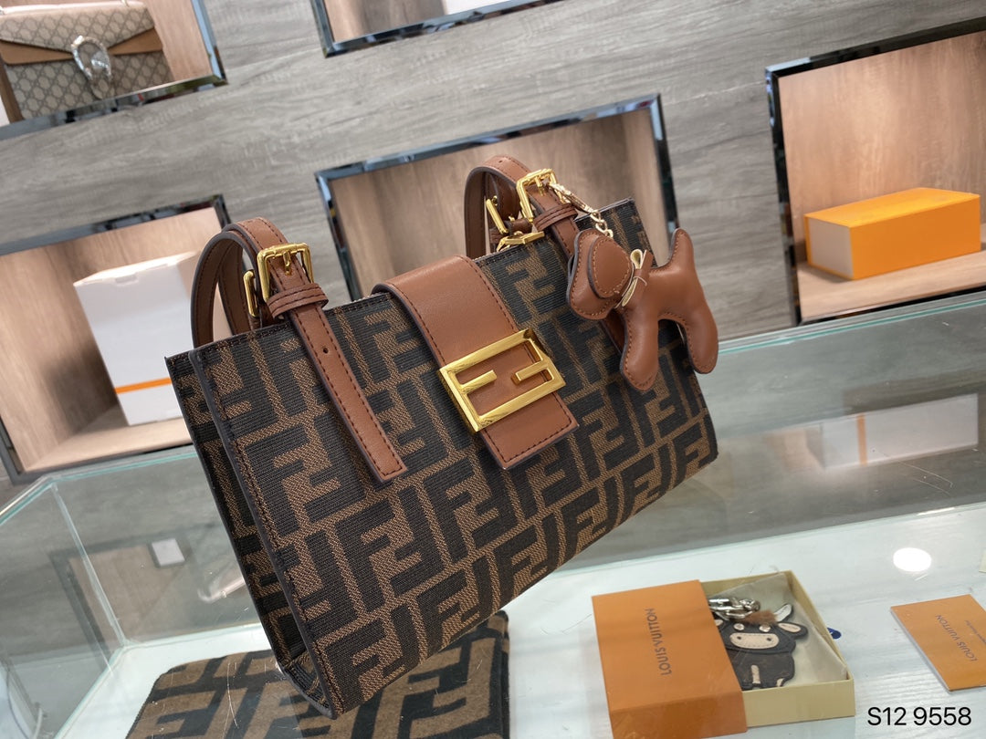 Fendi FF Monogram Canvas Baguette Bag with Leather Trim and Dog Charm