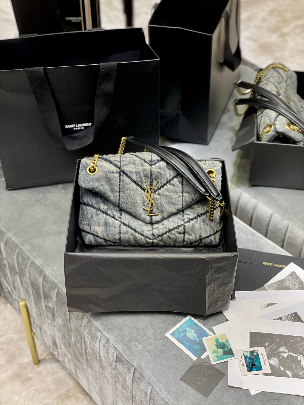 Saint Laurent Small Loulou Shoulder Bag in Quilted Denim - Blue with Gold Hardware