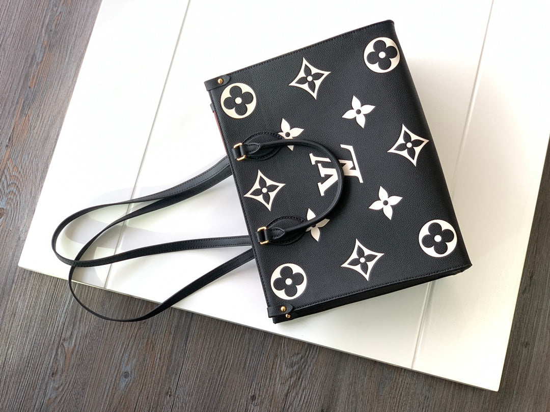 Louis Vuitton Luxury Black Leather Monogram Pattern Shoulder Tote Bag