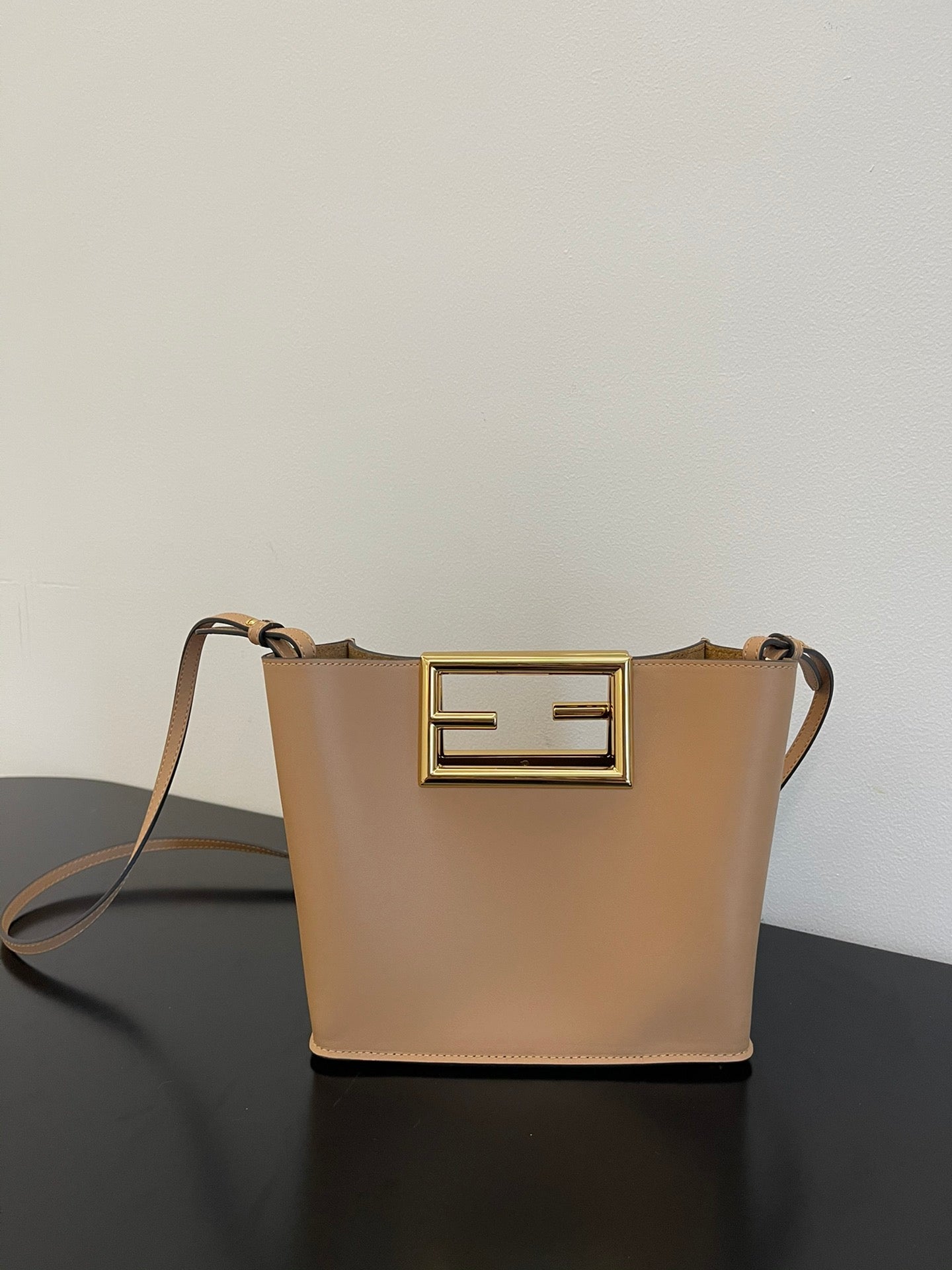 Elegant Beige Leather Handbag with Gold-Tone Cutout Handle - Small Crossbody Bucket Bag