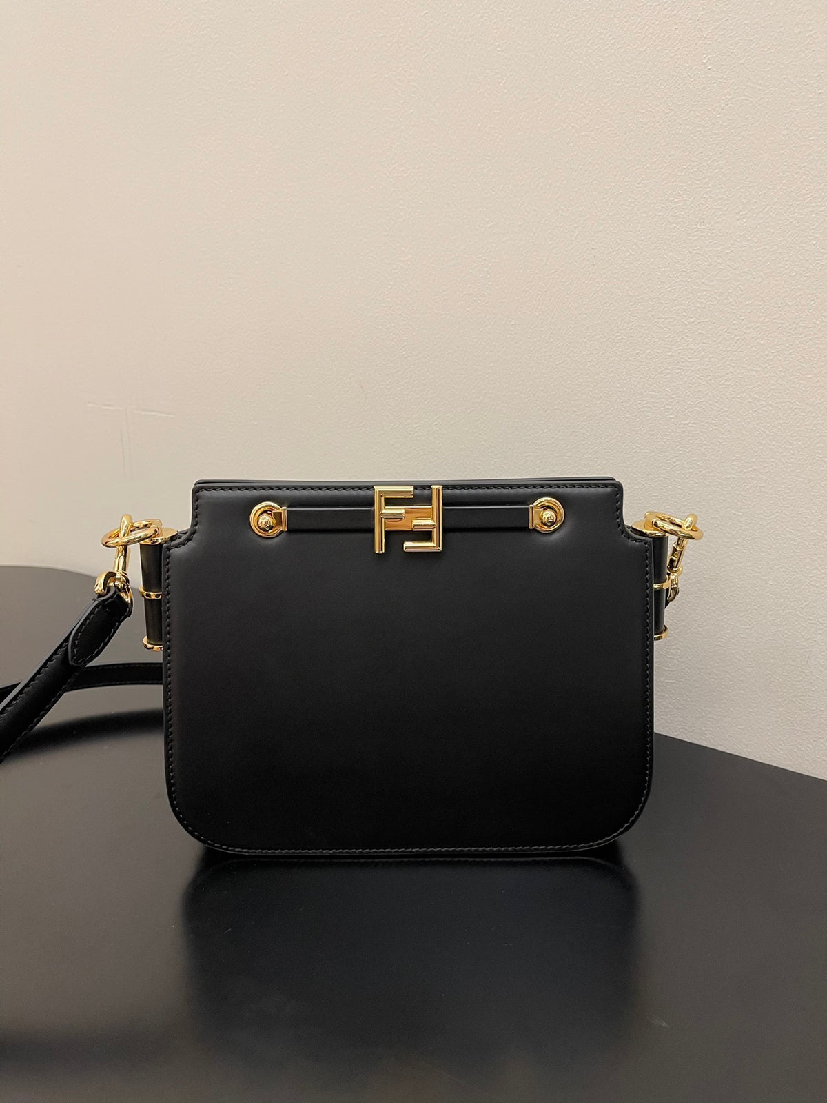 Fendi Black Leather Shoulder Bag with Gold-Tone FF Logo Clasp