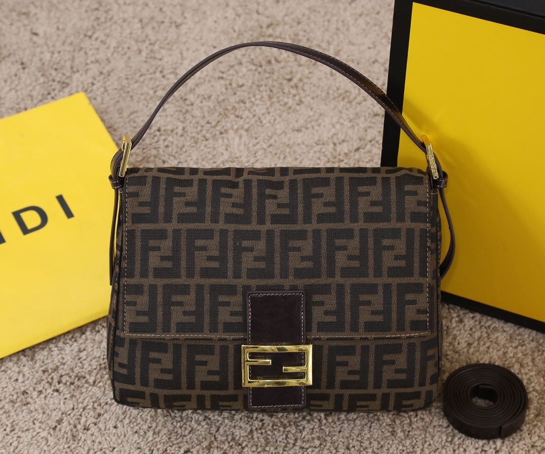 Fendi Vintage Zucca Canvas Baguette Shoulder Bag - Brown & Black