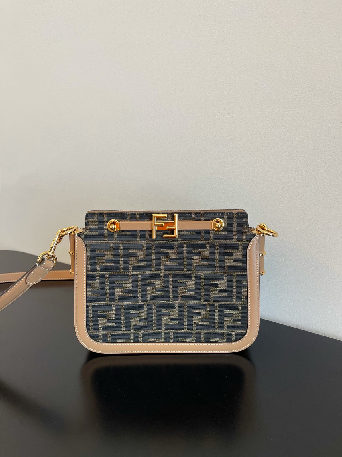 Fendi Monogram Print Mini Shoulder Bag - Brown/Beige Canvas & Leather