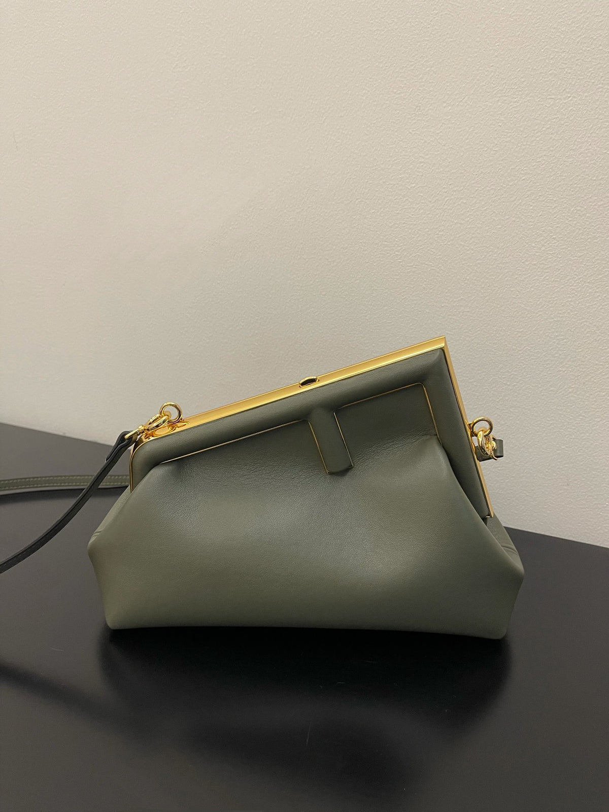 Sage Green Leather Frame Clutch Crossbody Bag with Gold Hardware