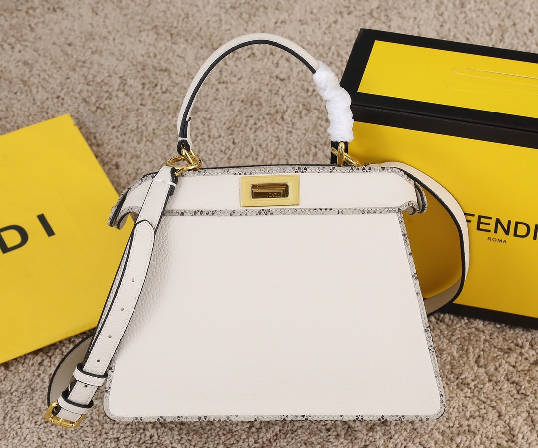 Fendi Peekaboo Small White Leather Handbag with Gold-Tone Hardware
