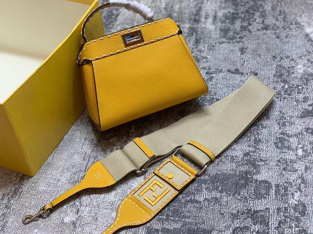 Fendi Peekaboo Mini Yellow Leather Handbag with FF Monogram Pouch and Strap