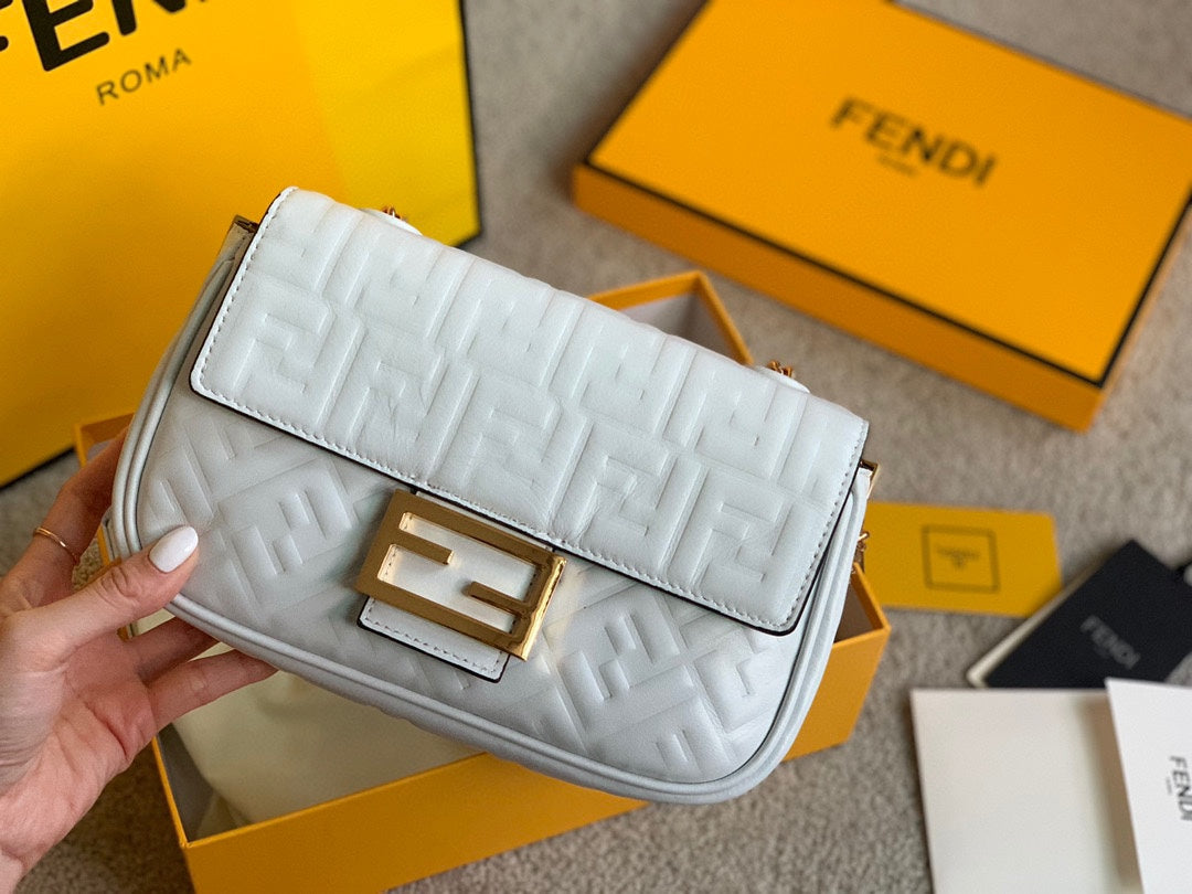 Fendi Baguette White FF Embossed Leather Shoulder Bag