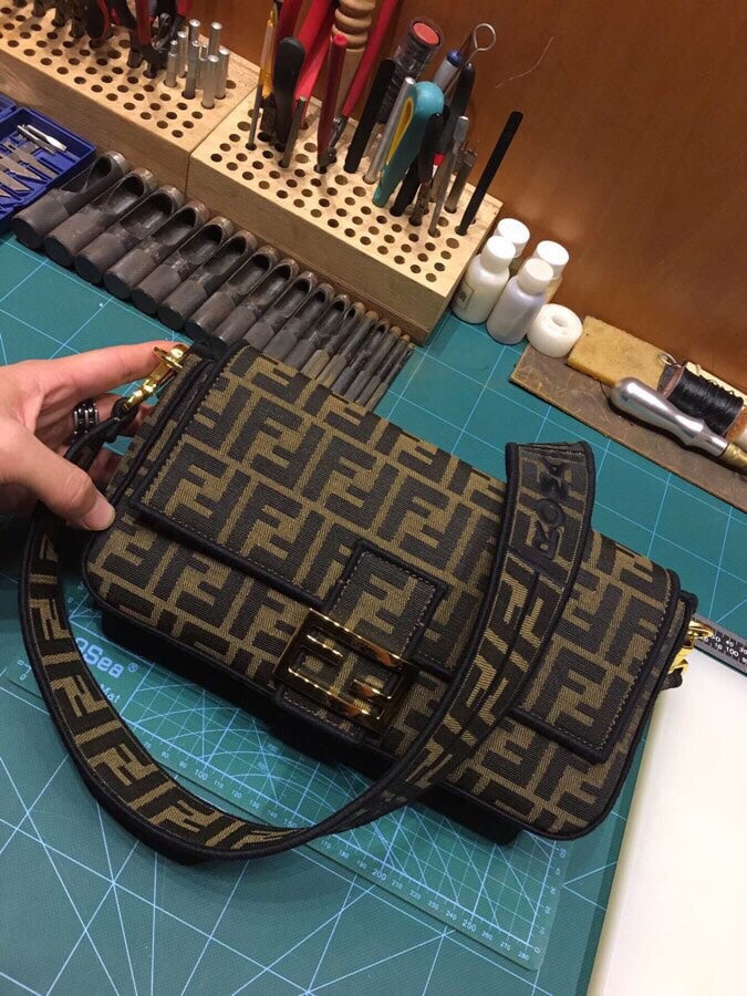 Fendi Zucca Monogram Canvas Baguette Handbag - Brown and Tan