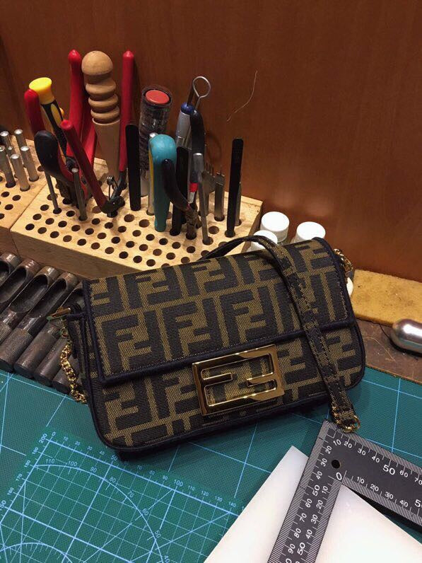 Fendi Mini Baguette Bag in Brown Zucca Canvas with Gold-Tone Hardware